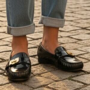 Cole Haan Patent Black Leather Shoes Talia Slip On Gold Hardware Sz 9.5